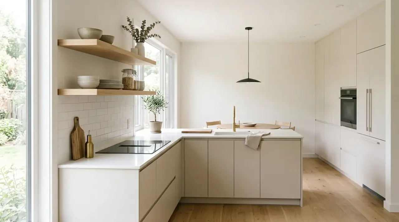 Integrated pulls small kitchen. Sleek small kitchen using slim or integrated cabinet pulls.