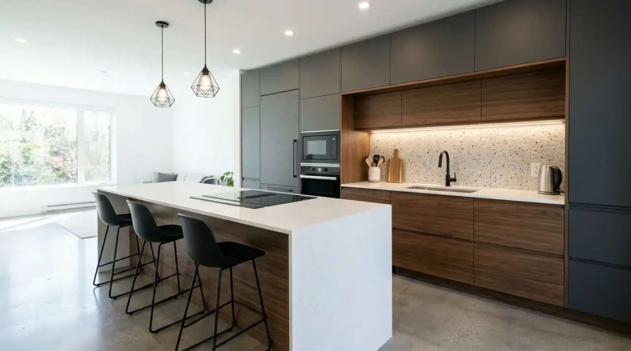 Warm material in minimalist kitchen. Compact modern kitchen softened by one warm natural material.