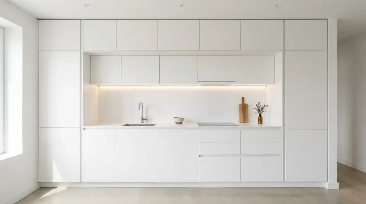 Full height cabinets small kitchen. Sleek small kitchen using full height cabinetry for storage and clean lines.