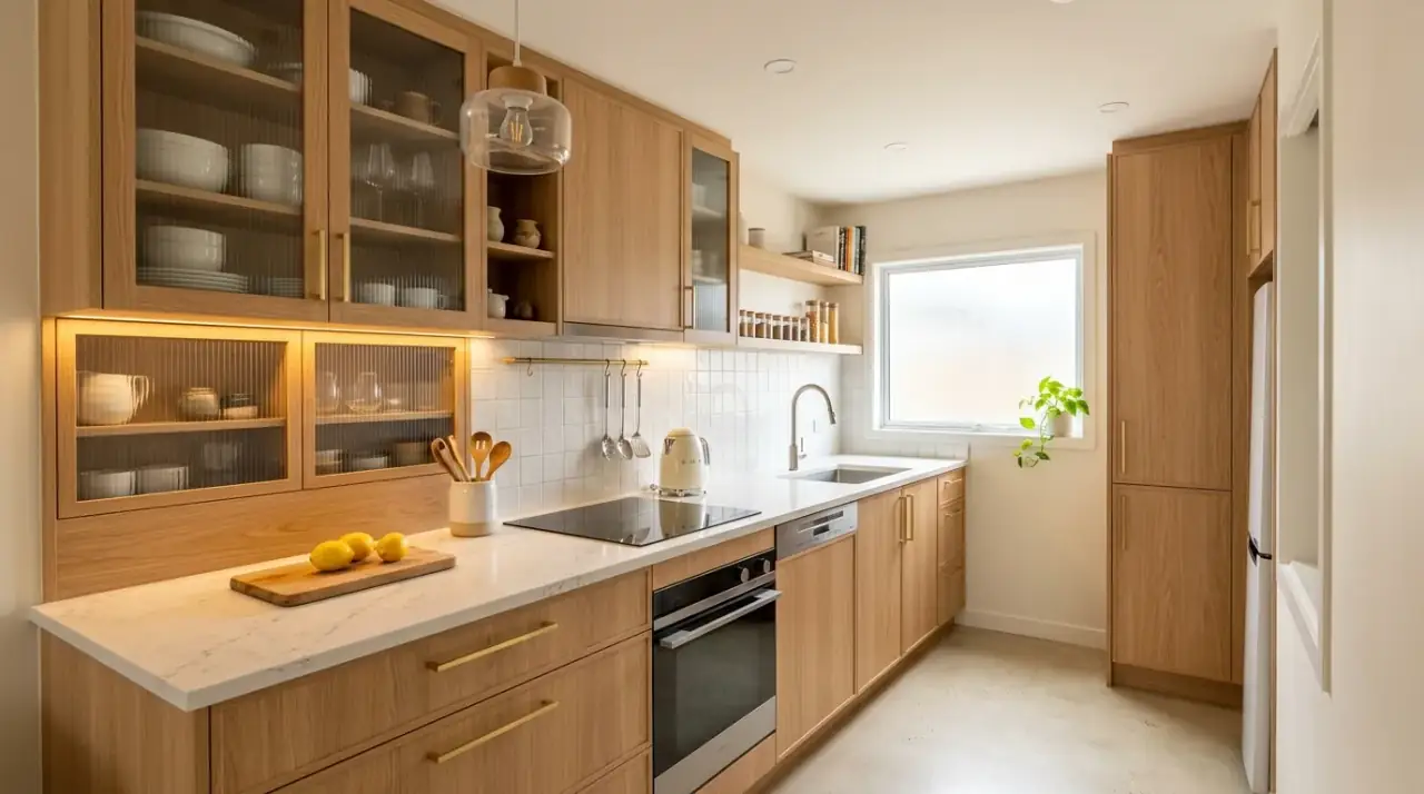 Minimal decor small kitchen. Compact modern kitchen styled with very few decorative objects.