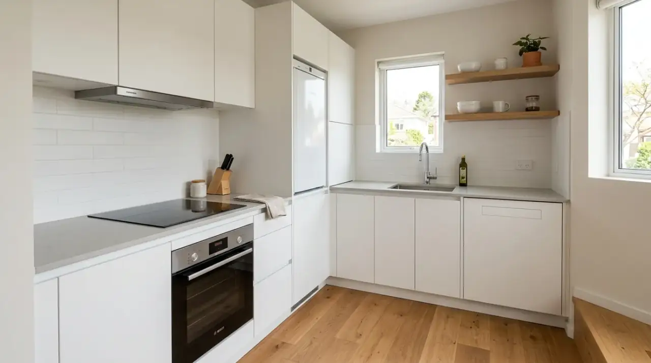 Reflective minimalist small kitchen. Sleek small kitchen using subtle reflective details for depth.