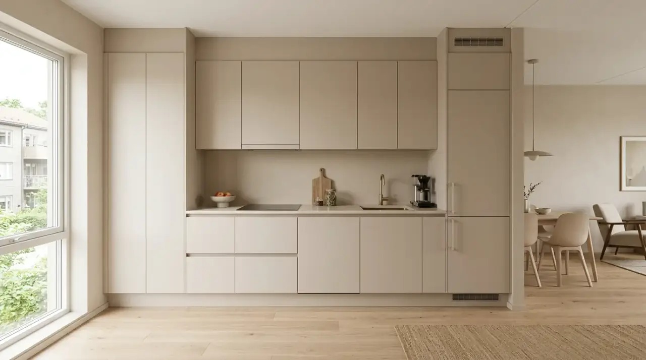 Readable layout small kitchen. Compact modern kitchen designed with a clear and easy layout.