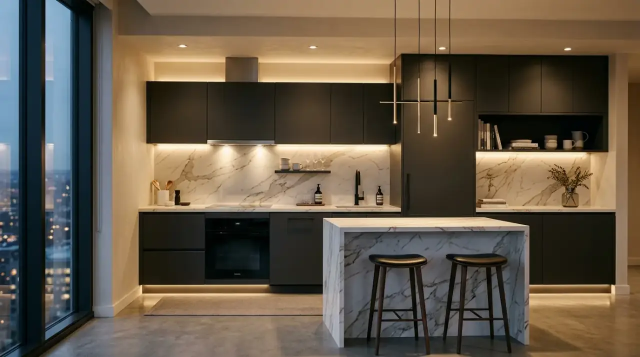 Minimalist small kitchen overview. Sleek modern minimalist small kitchen designed for compact living.