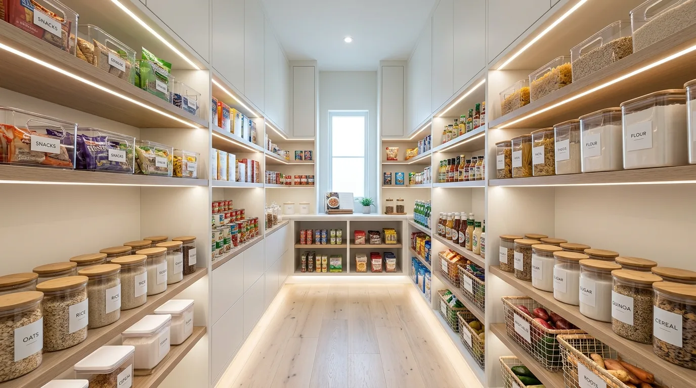 Sleek modern pantry with integrated shelving, clean lines, and organized kitchen storage.