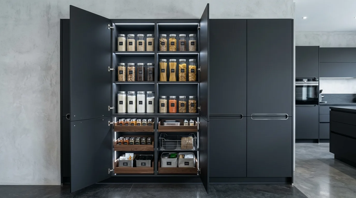 Modern pantry with glass door. Minimal framing and organized visible storage.