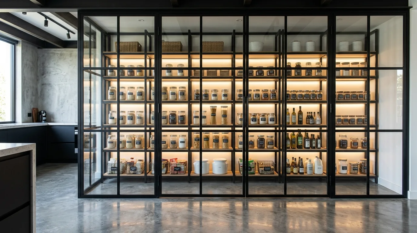 Modern pantry with warm wood shelves. Clean white backdrop and organized open storage.