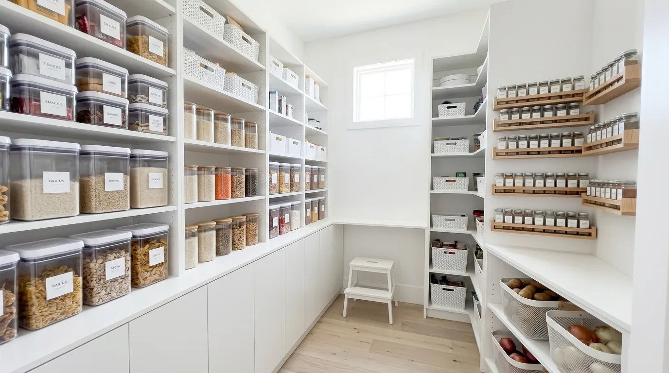 Modern pantry niche with appliance station. Concealed storage and clean organized kitchen design.