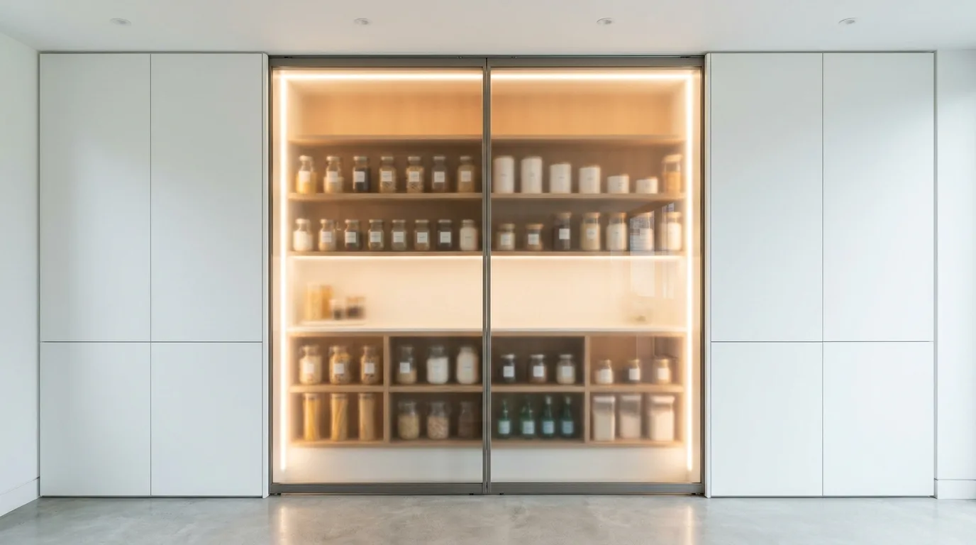 Matte black modern pantry with internal lighting. Moody sleek storage with illuminated organized shelves.