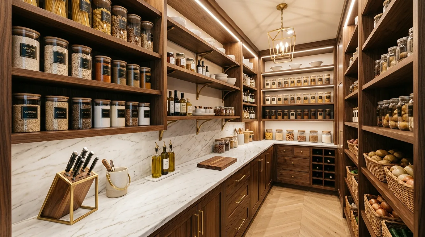 Modern pantry with uniform storage containers. Clean-lined organization and minimal visual clutter.