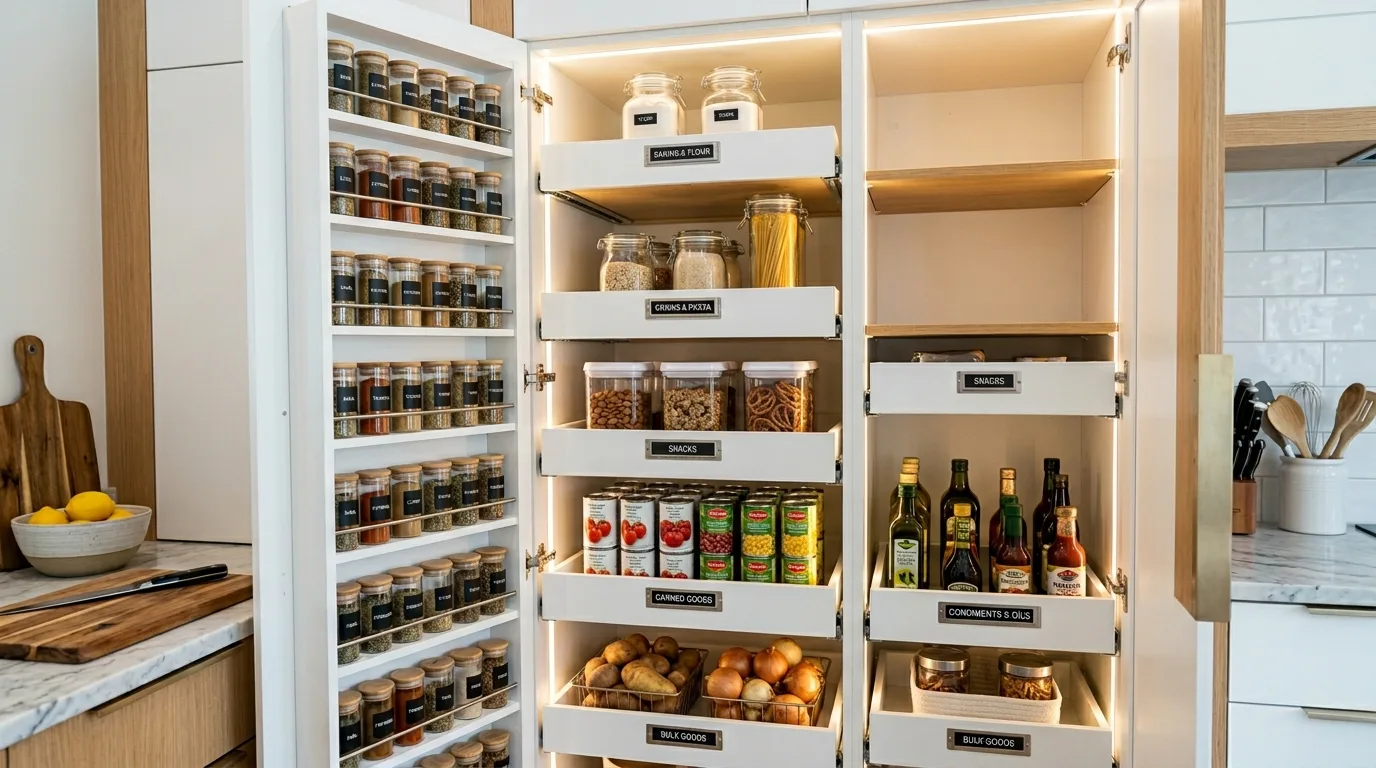 Walk-in modern pantry with symmetrical shelves. Balanced storage layout and sleek organized design.