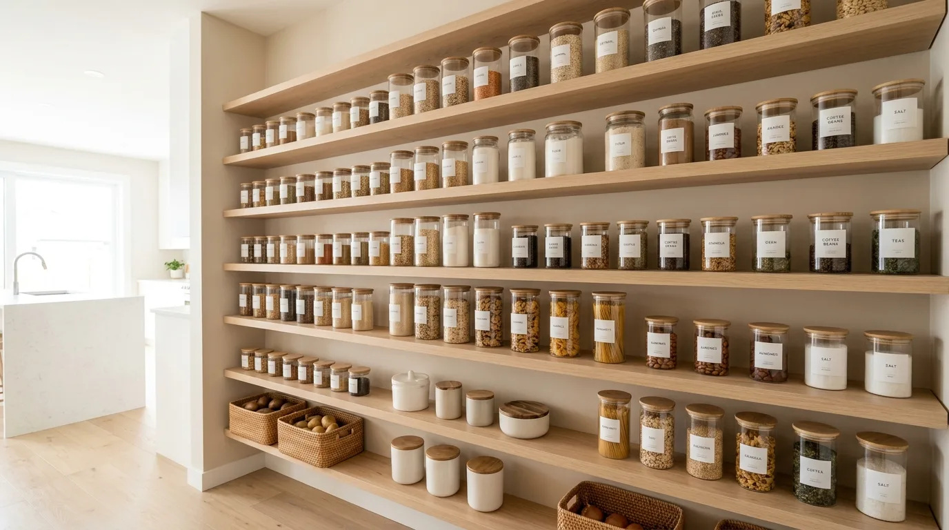 Modern pantry with stone counter prep zone. Integrated work surface and organized storage.
