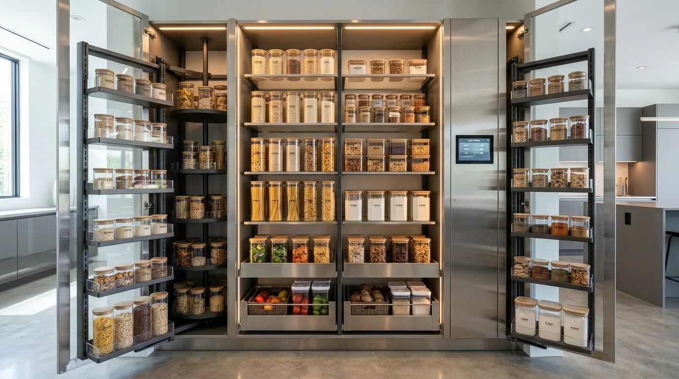 Modern pantry with LED-lit open shelves. Quiet lighting lines and clean organized storage.
