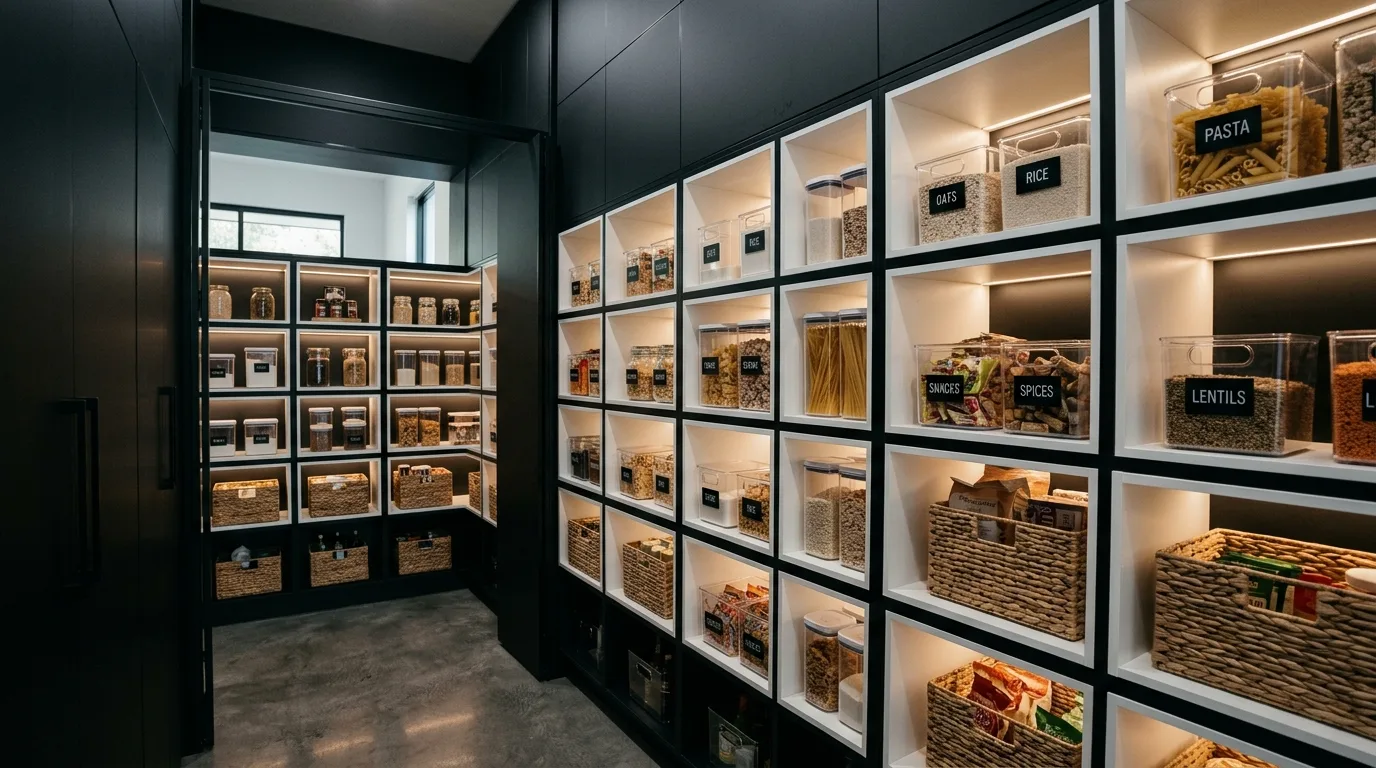 Integrated modern pantry beside tall appliances. Flush cabinetry and sleek organized kitchen planning.