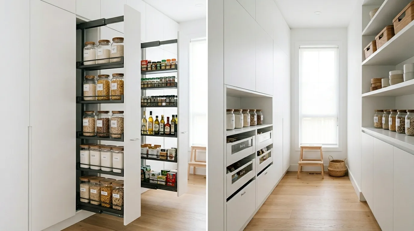 Soft grey modern pantry with black hardware. Neutral sleek storage and organized shelf styling.