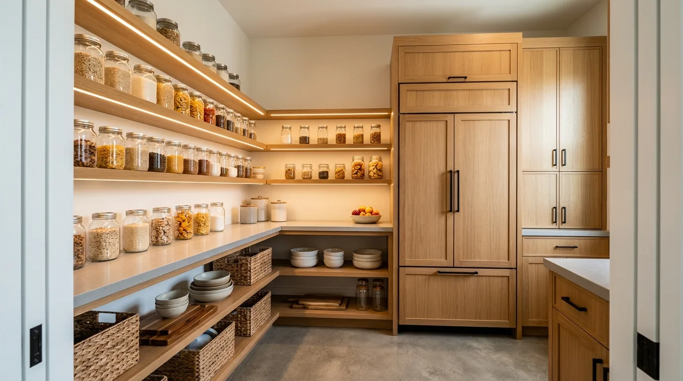 Modern pantry with hidden internal drawers. Minimal exterior and highly organized inner storage.