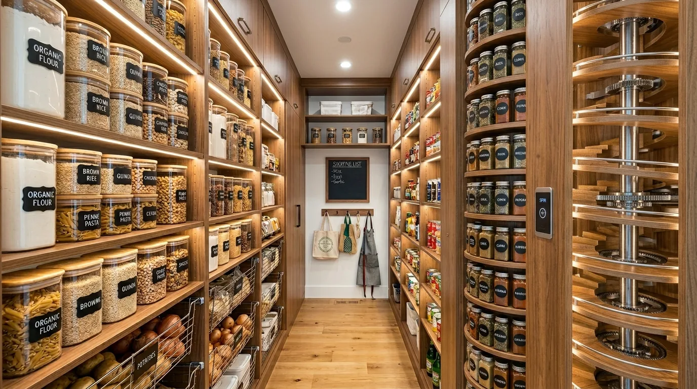 Modern pantry with pocket door reveal. Streamlined access and clean organized storage.
