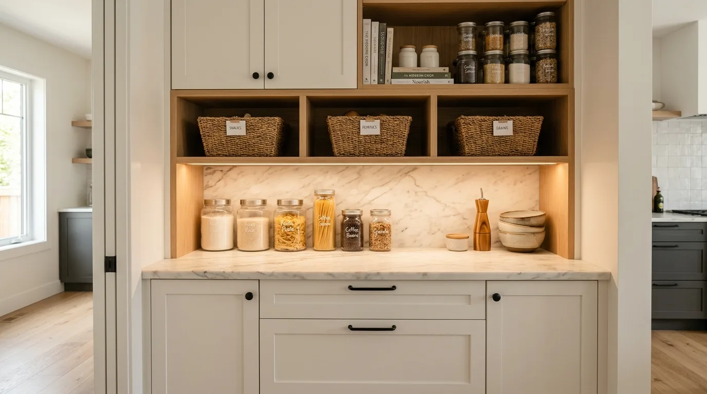 Monochrome modern pantry design. Quiet luxury styling and highly organized sleek storage.