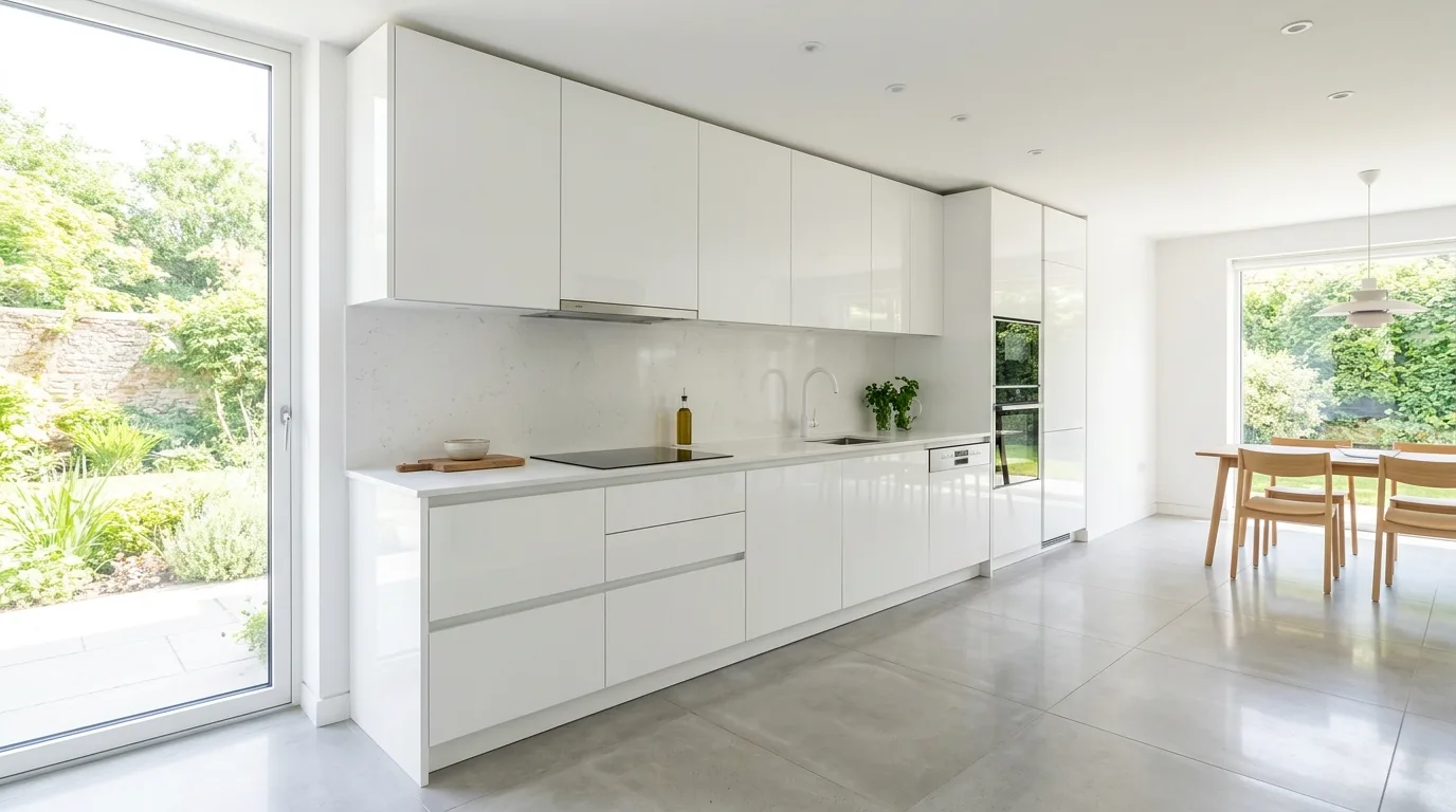 Sleek white gloss kitchen cabinets with reflective finish, quartz counters, and bright natural light.