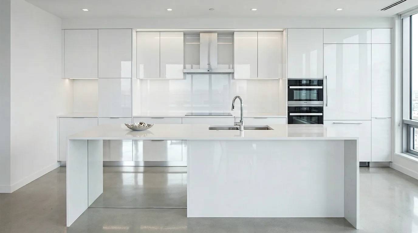 High-gloss white kitchen with waterfall island. Glossy slab backsplash, chrome fixtures, and bright reflective lighting.