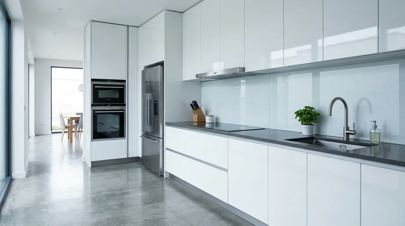 White gloss cabinetry with glass backsplash panels. Stainless appliances, polished concrete flooring, and cool diffused daylight.