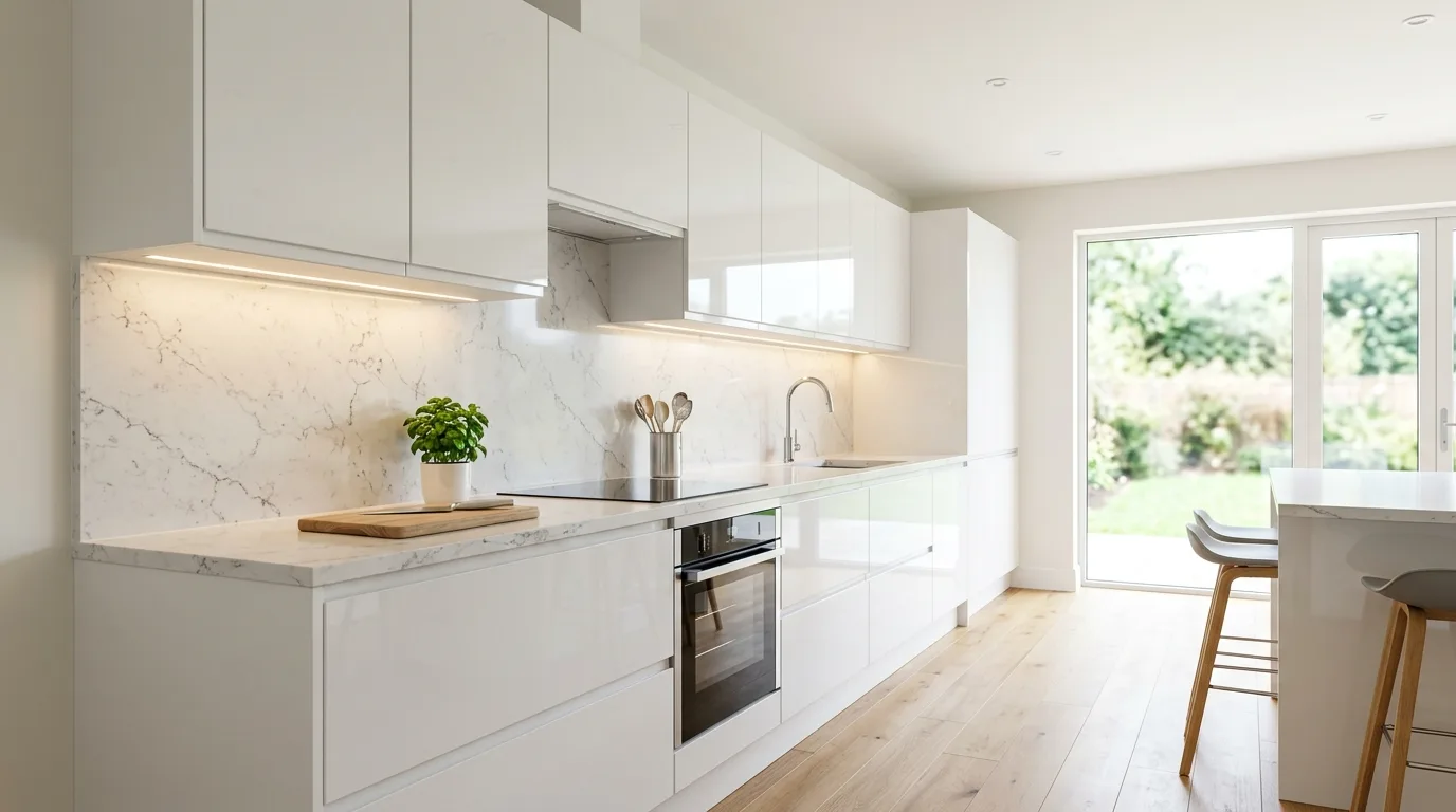 Ultra-smooth white gloss cabinets with hidden handles. LED strips, marble-effect counters, and bright airy ambiance.