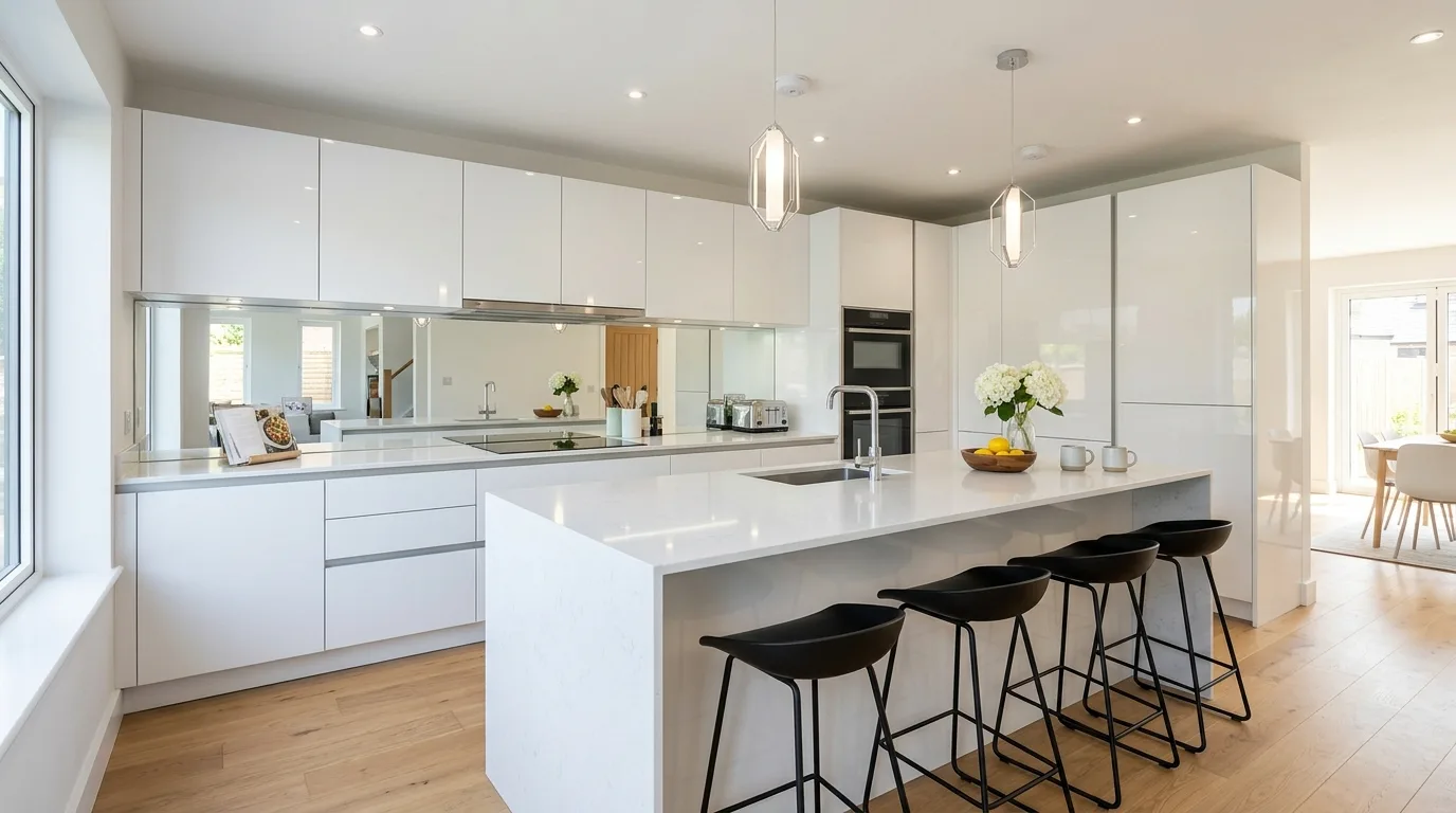 Glossy white kitchen with mirrored backsplash panels. Minimal island seating, black stools, and highly reflective modern surfaces.