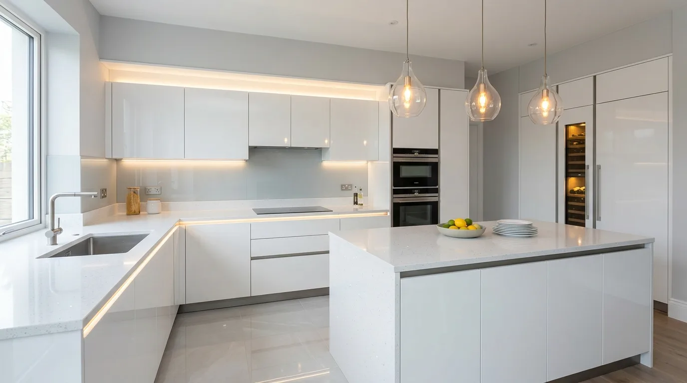 White gloss kitchen with integrated cabinet lighting. Quartz counters with sparkle, glass pendants, and soft daylight reflections.