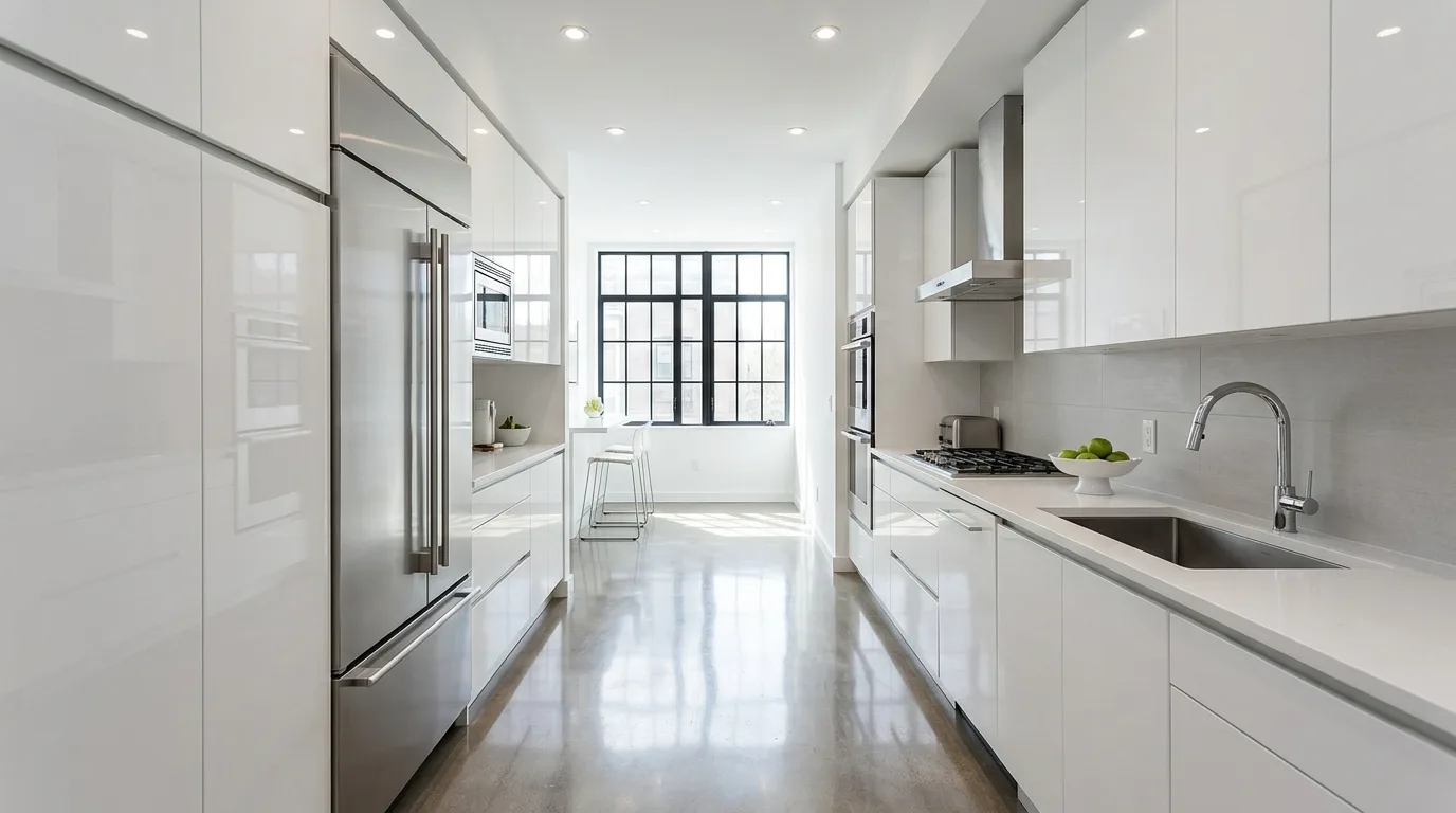 High-gloss white galley kitchen. Linear layout, stainless appliances, polished floors, and bright modern minimal styling.