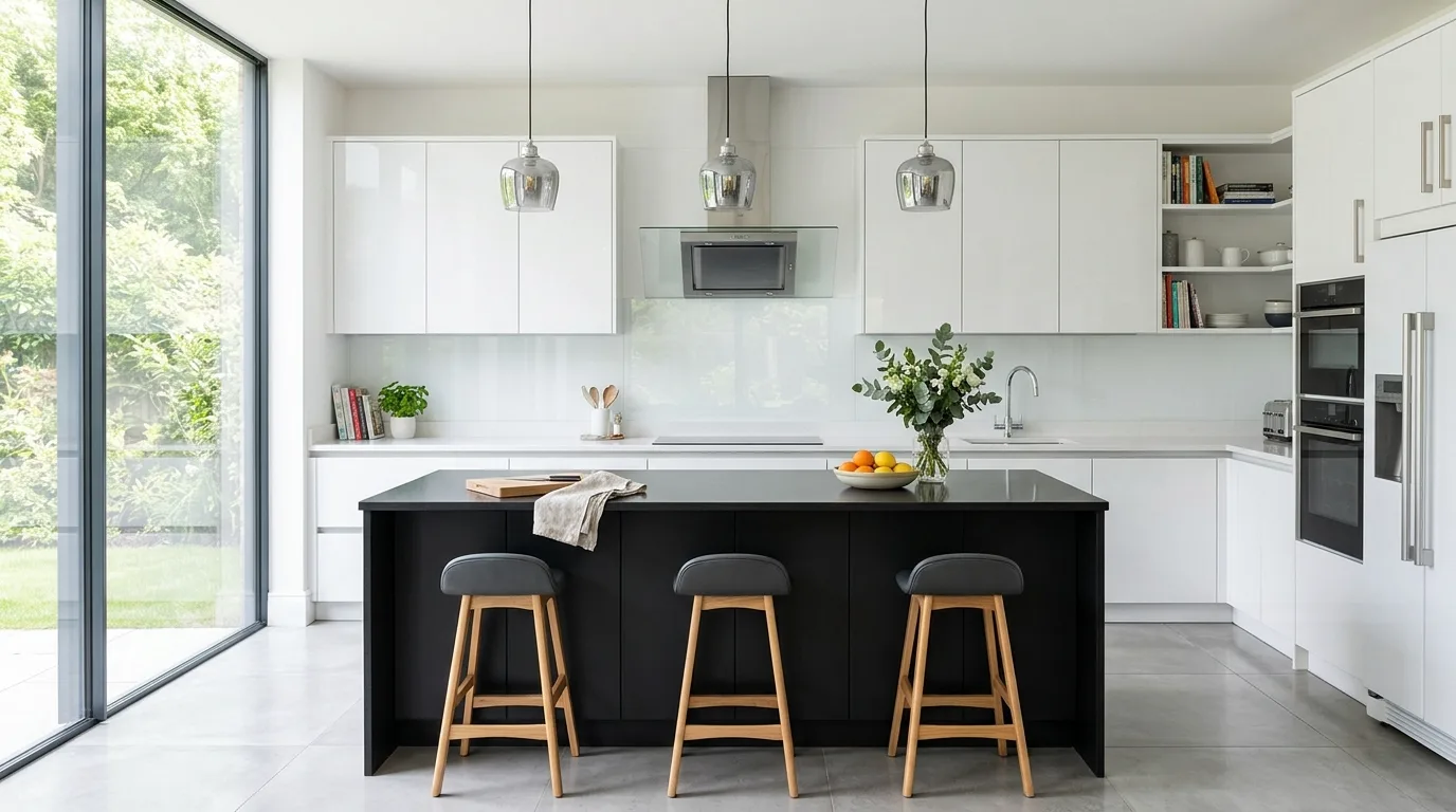 White gloss cabinets with contrasting matte black island. Reflective backsplash, chrome fixtures, and bold modern contrast.