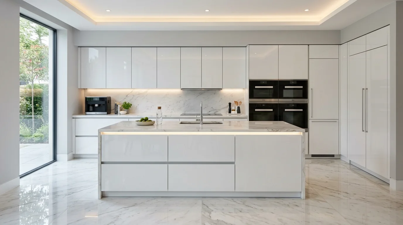 Sleek white gloss kitchen with marble floor reflections. Handleless drawers, built-in appliances, and soft recessed lighting.