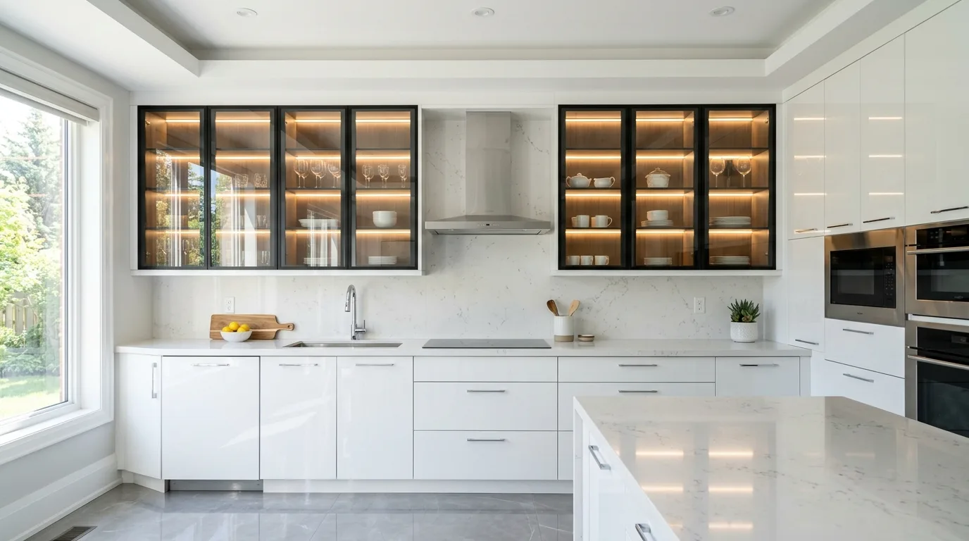 White glossy cabinets with glass upper units. LED shelving, quartz countertop, and bright daylight across polished surfaces.