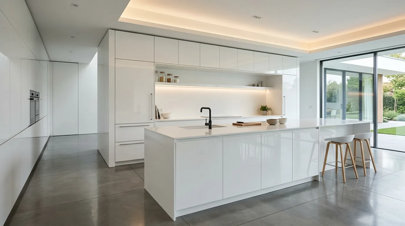 Minimal white gloss kitchen with hidden storage panels. Seamless backsplash, integrated sink, and soft ambient lighting.