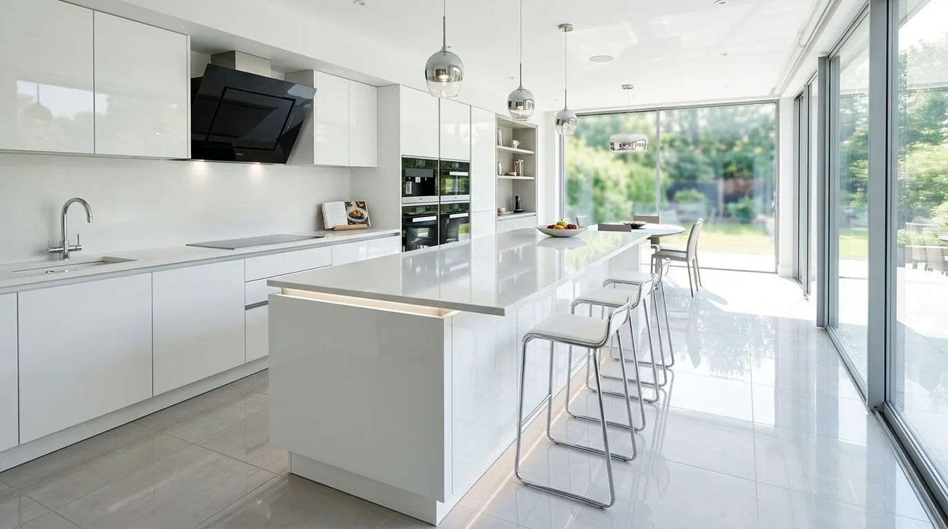 White gloss kitchen with reflective island centerpiece. Chrome bar seating, large windows, and sleek modern luxurious styling.