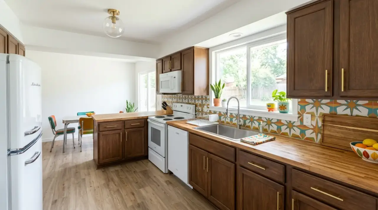 Smart budget-friendly mid-century modern kitchen makeover with retro character.