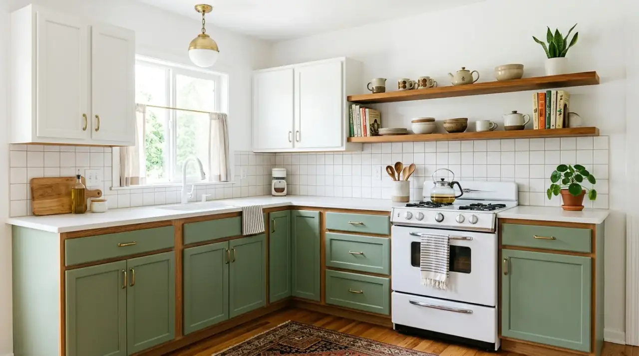 Mid-century cabinet hardware update. Simple pull replacement giving the kitchen a cleaner retro line.