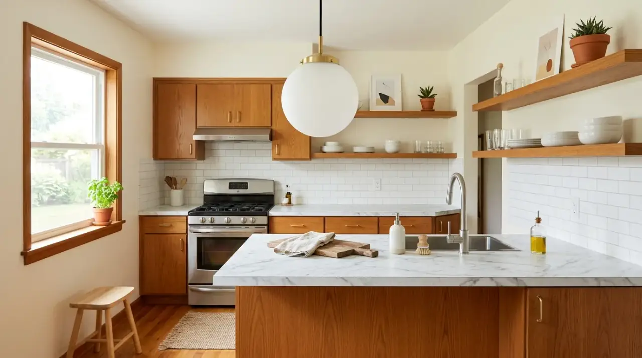 Wood accents mid-century kitchen makeover. Affordable timber details creating warmth in a retro-inspired kitchen refresh.