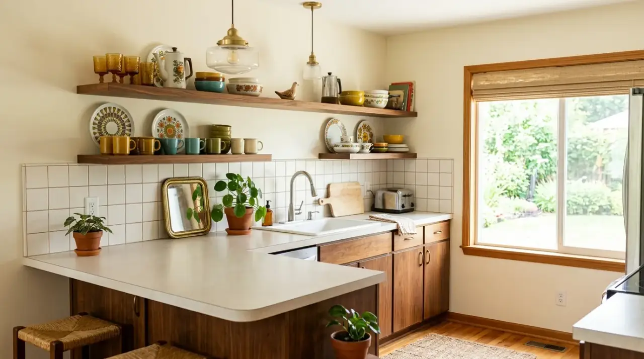Mid-century pendant light makeover. Affordable fixture swap creating stronger retro-modern character in the kitchen.