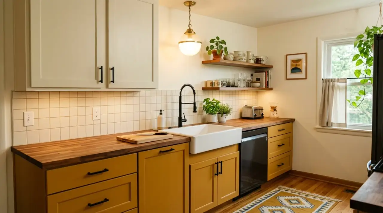 Retro shelf styling kitchen. Curated decorative pieces helping a budget makeover feel more complete.
