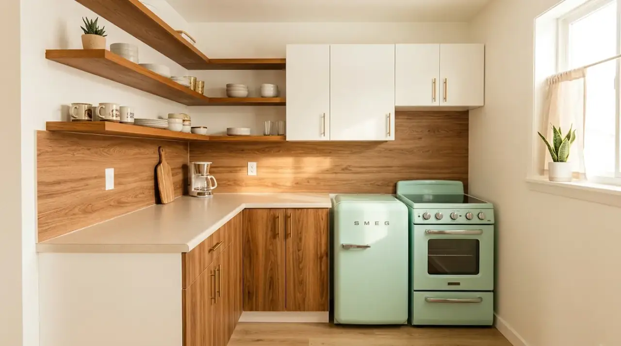Accent color mid-century kitchen makeover. Single retro color helping a budget refresh feel more intentional.