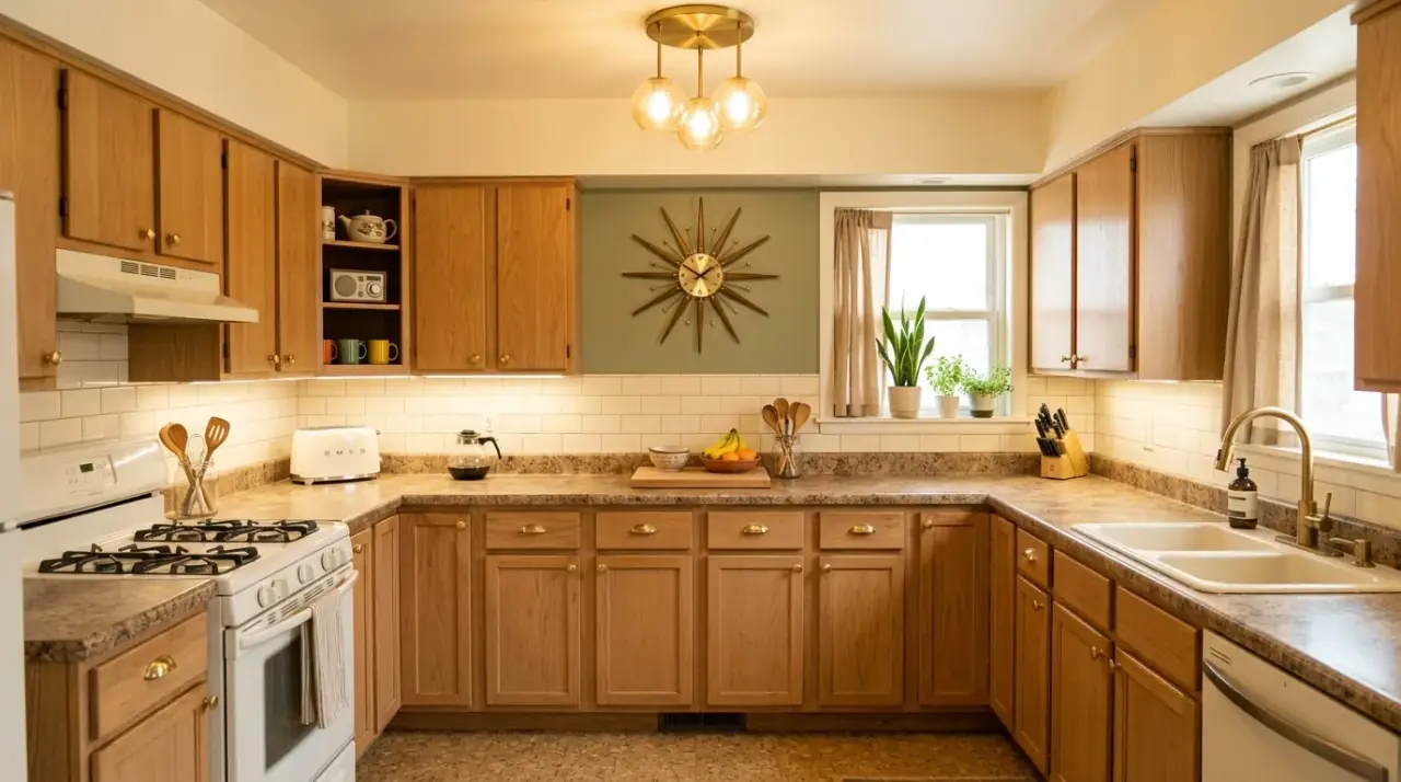 Mid-century backsplash update. Budget tile improvement helping the kitchen feel more sleek and retro.