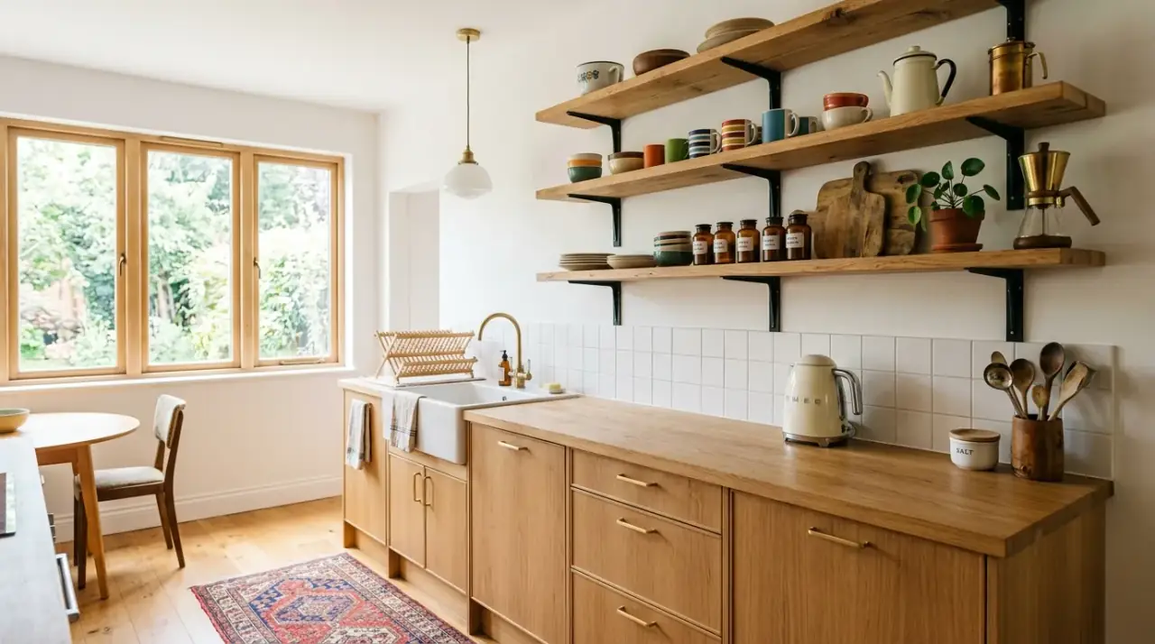 Retro wall art kitchen makeover. Graphic artwork adding period personality to a modest kitchen refresh.