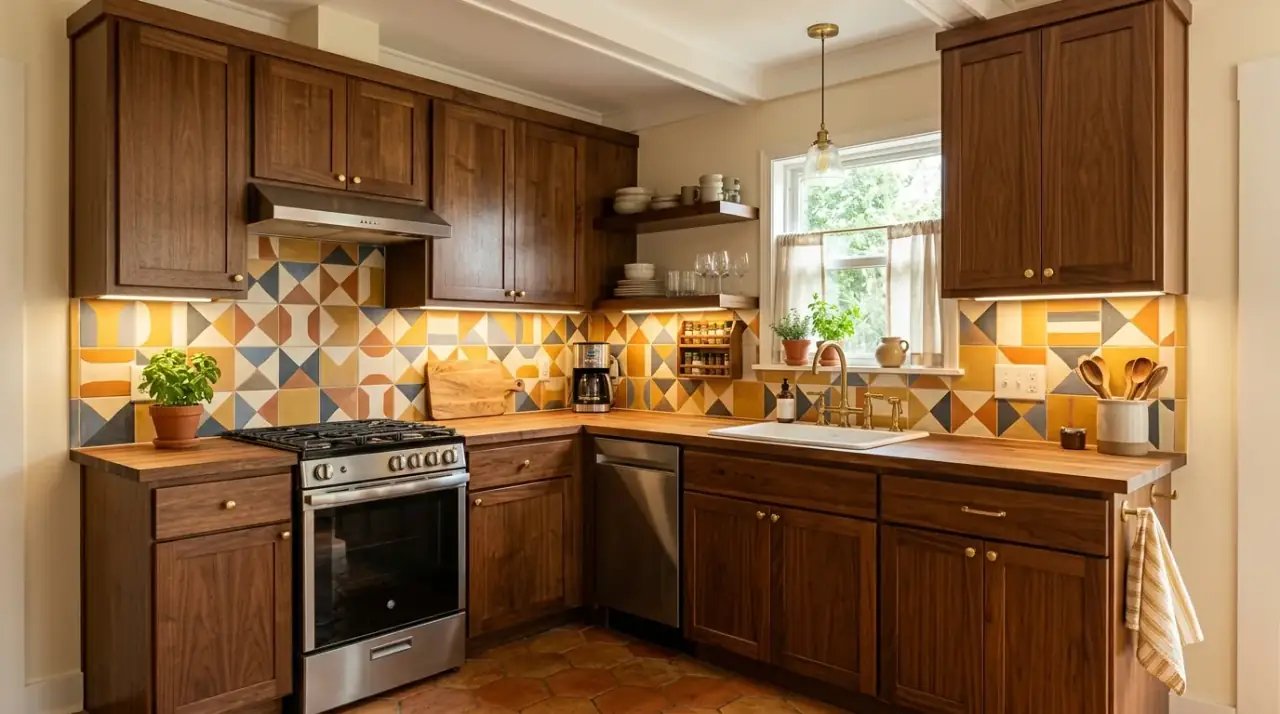Mid-century stools kitchen makeover. New seating helping a budget kitchen read more clearly as retro-modern.