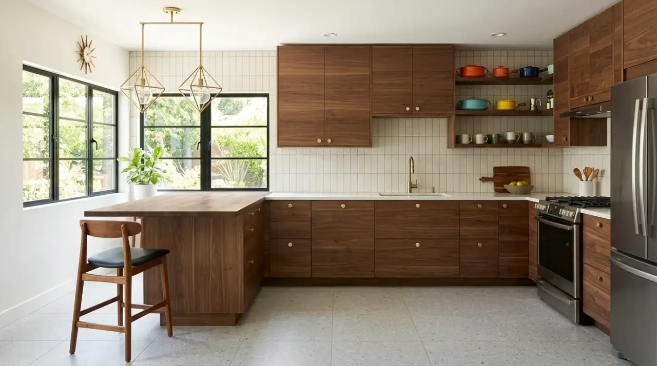 Counter styling mid-century makeover. Useful warm-toned styling making a budget kitchen feel more finished.