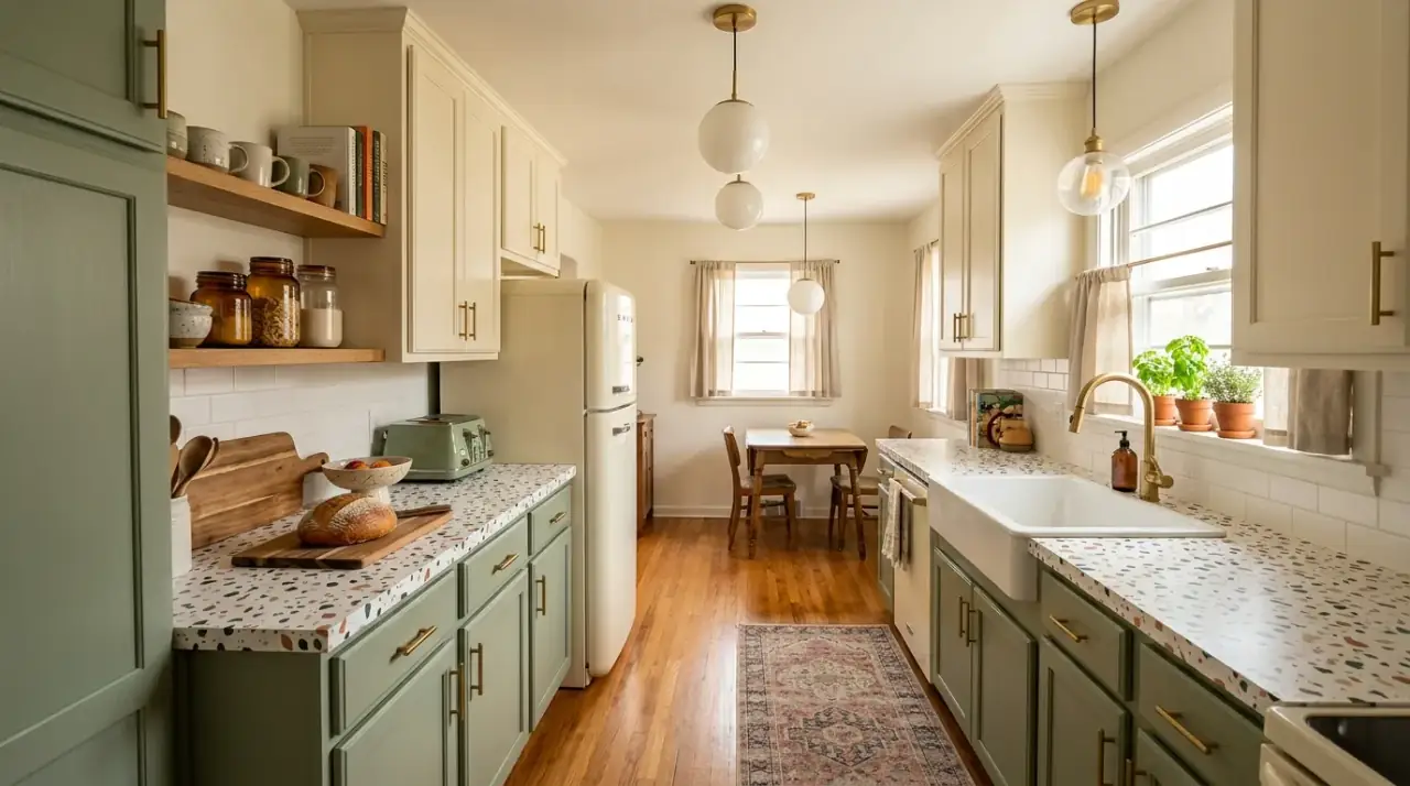 Warm lighting kitchen makeover. Affordable light changes improving the warmth of a retro-inspired kitchen.