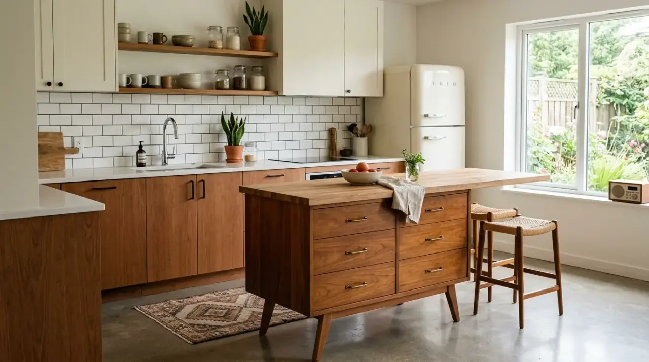 Edited mid-century kitchen refresh. Removing conflicting pieces helping the makeover feel more cohesive and clear.