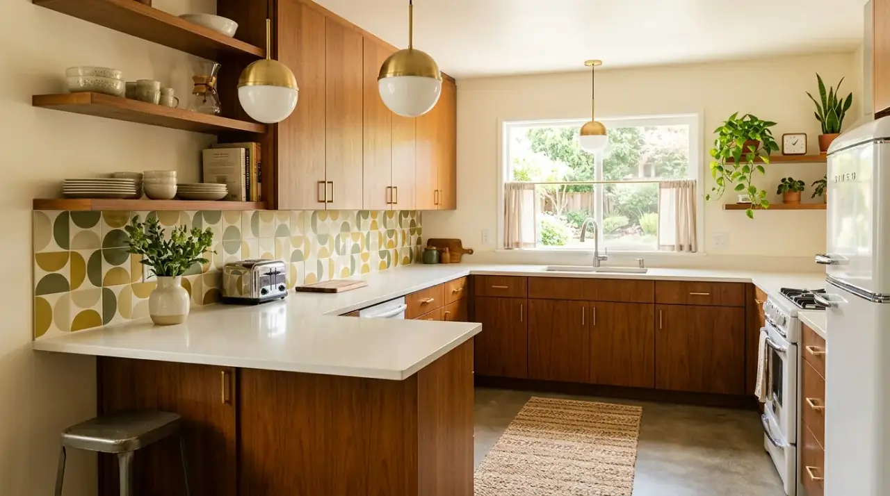 Budget mid-century kitchen overview. Affordable makeover strategy bringing retro warmth and cohesion to the kitchen.