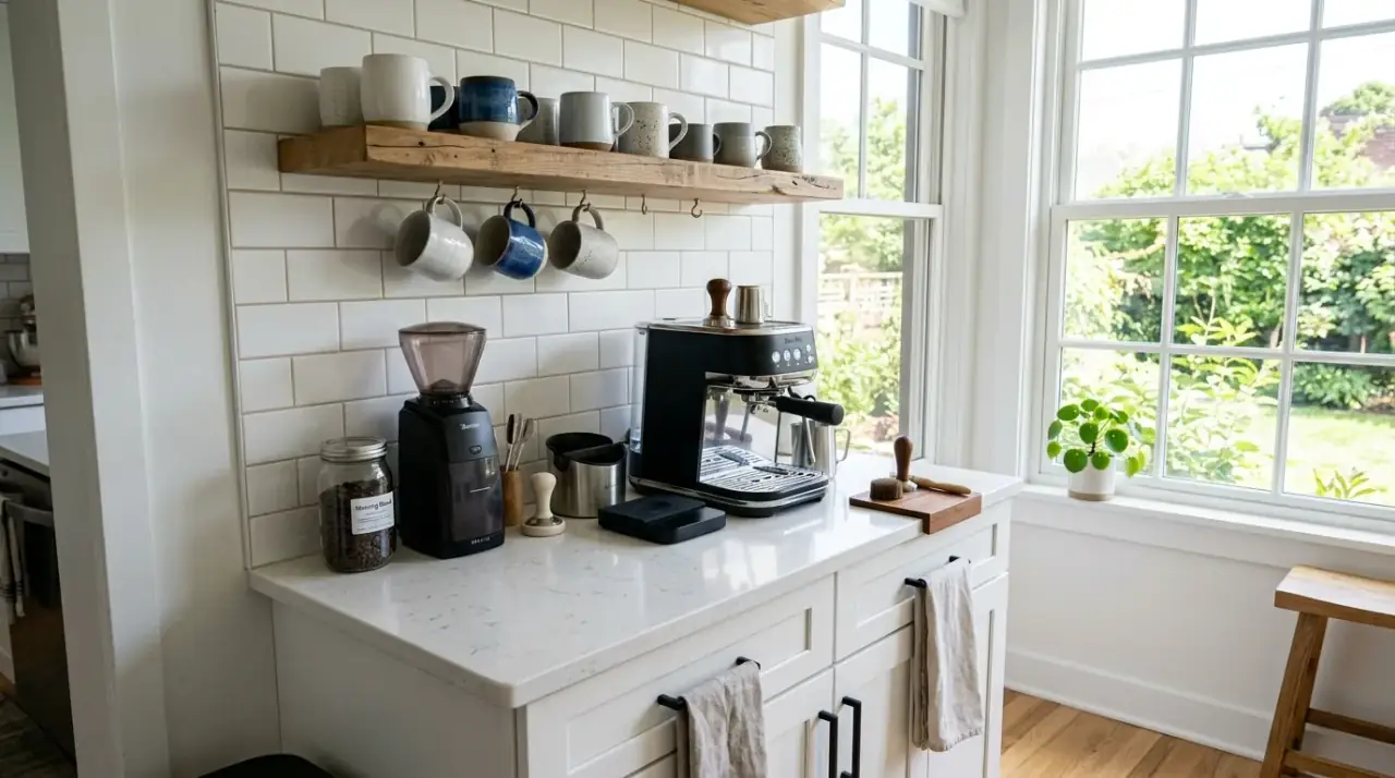 Smart small kitchen coffee station using compact space efficiently for a daily morning routine.