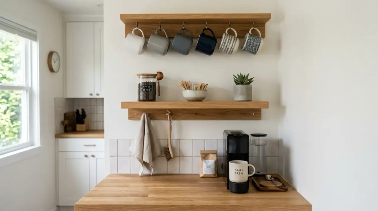 Vertical storage for small coffee bar. Small kitchen coffee station using wall space above the machine.