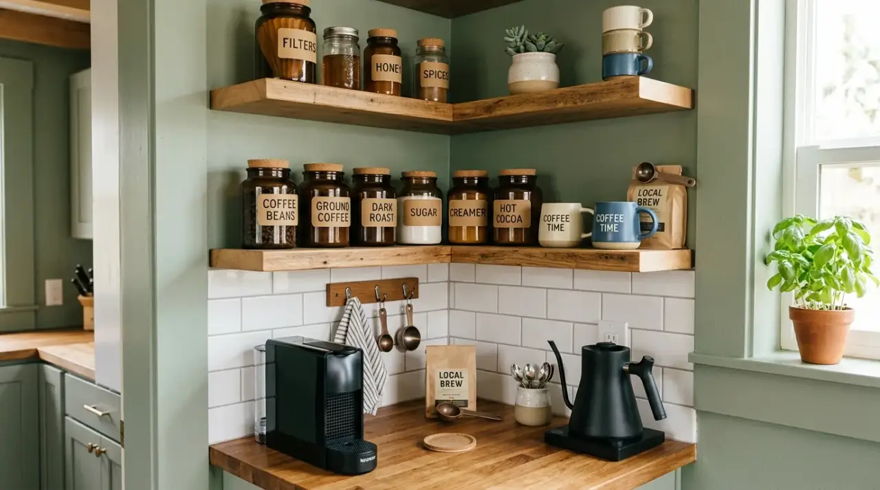 Coffee accessories small kitchen. Compact coffee station with nearby organized accessory storage.