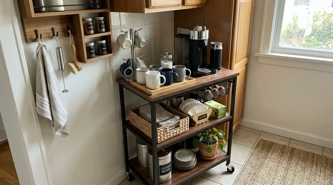 Tray in small kitchen coffee station. Small kitchen coffee station organized on a movable tray.